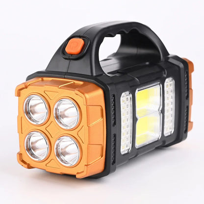 2025 Powerful LED Flashlight USB+Solar Rechargeable Flashlight COB Outdoor Camping Torch Portable Searchlight Power Bank Outdoor