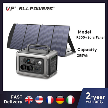 ALLPOWERS R600 Powerstation Lifepo4 Battery 299Wh 600W Solar Generator (Recharge from 0-100% in 1 Hour) With 200W Solarpanel