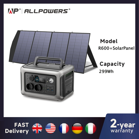 ALLPOWERS R600 Powerstation Lifepo4 Battery 299Wh 600W Solar Generator (Recharge from 0-100% in 1 Hour) With 200W Solarpanel